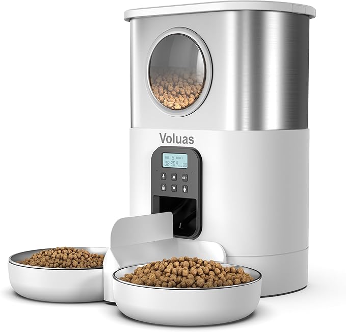 VOLUAS Automatic Cat Feeders for Two Cats,Stainless Steel 5L Pet Feeder for Cats and Dogs Timed Cat Feeder Pet Dry Food Dispenser, White