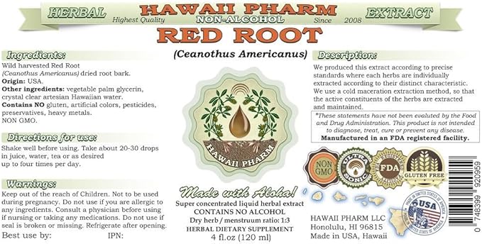 Red Root Alcohol-Free Liquid Extract, Red Root (Ceanothus Americanus) Dried Root Bark Glycerite Natural Herbal Supplement, Hawaii Pharm, USA 2x4 fl.oz