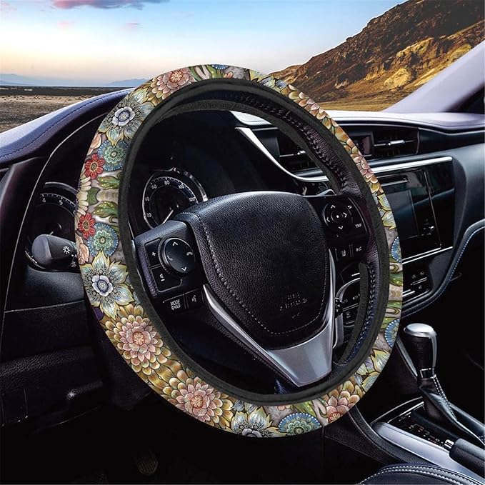 AFPANQZ Boho Floral Bright Blossoms Car Steering Wheel Covers for Womens Anti-Slip Comfortable Stretch-on Steering Wheel Protector Cover Sweat Absorption Cover Car Accessories