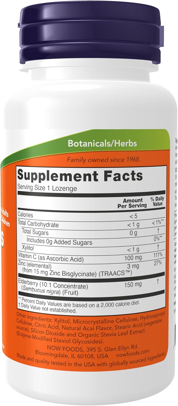 NOW Foods Supplements, Sambucus Zinc-C with Elderberry Concentrate and Vitamin C, 60 Lozenges