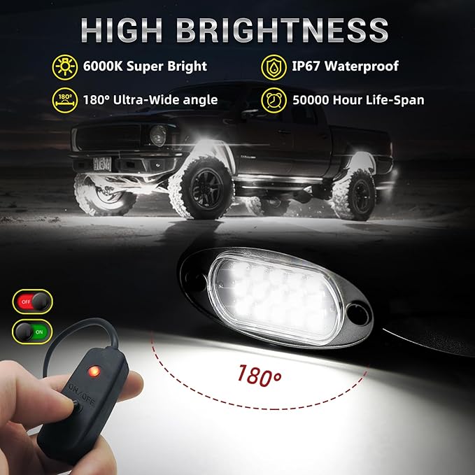 16 Pods Pure White LED Rock Lights with Extension Wires, IP67 Waterproof 6500K Super Bright White Underglow Kit for Semi Truck Sedans Trailer Offroad Pickup RV Underbody Under Car Lighting