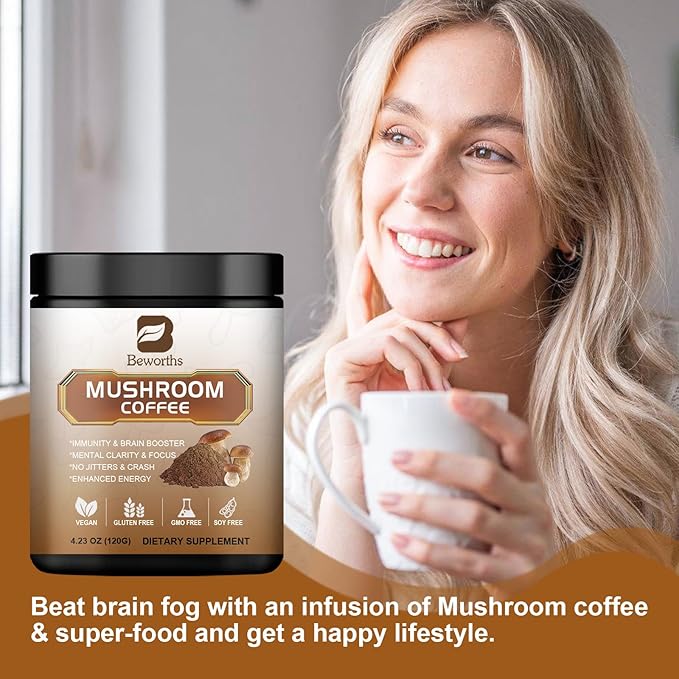 Mushroom Coffee - Lions Mane Mushroom Powder Instant Coffee with Lion's Mane, Reishi, Chaga, Cordyceps, Turkey Tail - 250g Mushroom Coffee Alternative for Energy, Mental Clarity & Focus, Brain Booster