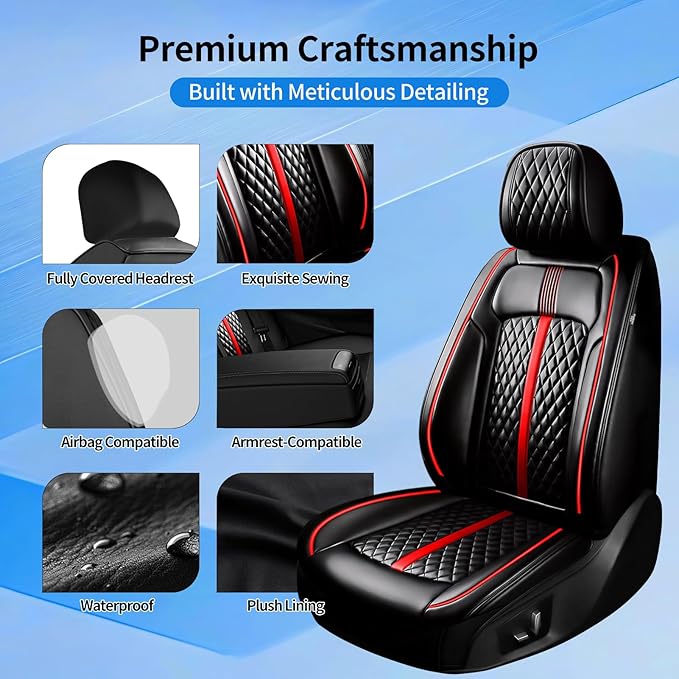 Fit Tahoe Car Seat Covers (Front Pair) for Select Chevrolet/Chevy Tahoe 2000-2025 2026 - Full Coverage Leather, Waterproof & All Weather Seat Cushion Protector, Black with Red Trim
