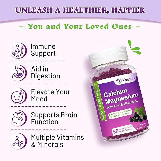 High Absorption Calcium Gummies, Calcium Magnesium Zinc with Magnesium Glycinate, Potassium, Vitamin D3 for Women & Men- Blueberry Flavored 60 Cts