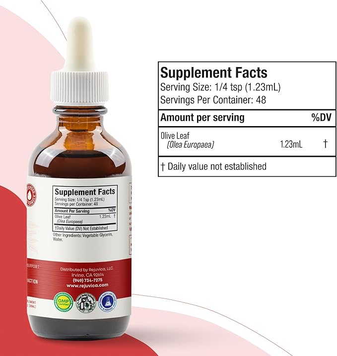 Rejuvica Active Olive Leaf Extract | Naturally Occurring Oleuropein Liquid Drops for Immune & Heart Support | Fast-Absorption, Vegan, Alcohol-Free | 4 fl oz