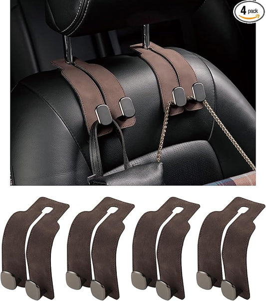 KINIVA Car Seat Headrest Storage Hooks, Set of 2, Suede PU Leather, Double Hooks (Brown-4 Pack)