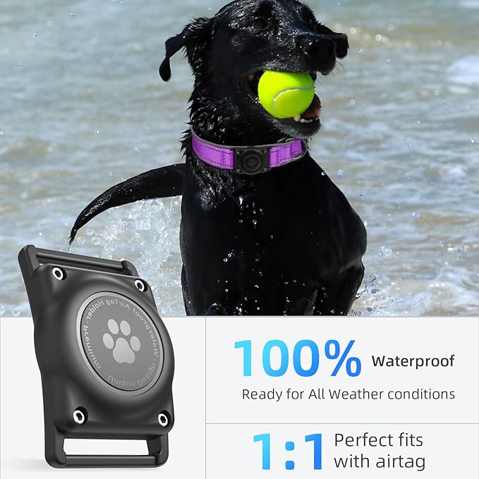 Airtag Dog Collar - 100% Waterproof Air tag Dog Collar Holder for Apple AirTag, Reflective, Soft Padded, Everlasting, GPS Dog Collar for Small Medium Large Dogs (Purple, L)