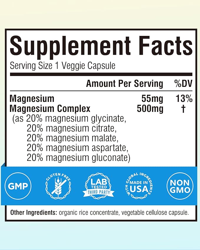 Terranics 5-in-1 Magnesium Complex Supplement 500mg - 5 Forms High Absorption Magnesium Glycinate Citrate Malate Aspartate Gluconate - Non-GMO 120 Vegan Magnesio Capsule for Sleep Muscle Heart Health