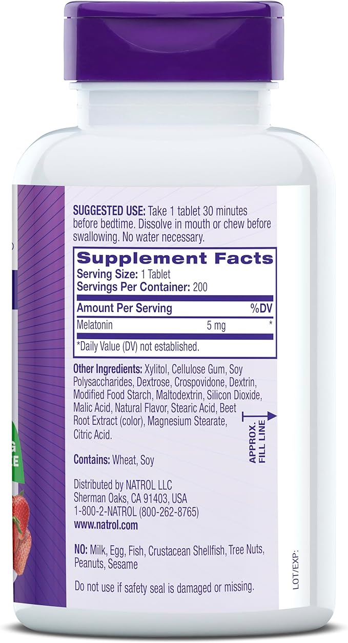 Natrol Melatonin 5mg Fast Dissolve Tablets, Sleep Support Supplements for Adults, Strawberry Flavor, 200 Tablets, Up to 200 Day Supply