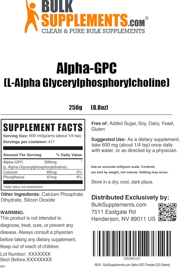 BulkSupplements.com Alpha GPC Powder - Choline Supplements, Alpha GPC 300mg - Acetylcholine Supplements, Unflavored & Gluten Free, 600mg per Serving, 250g (8.8 oz) (Pack of 1)