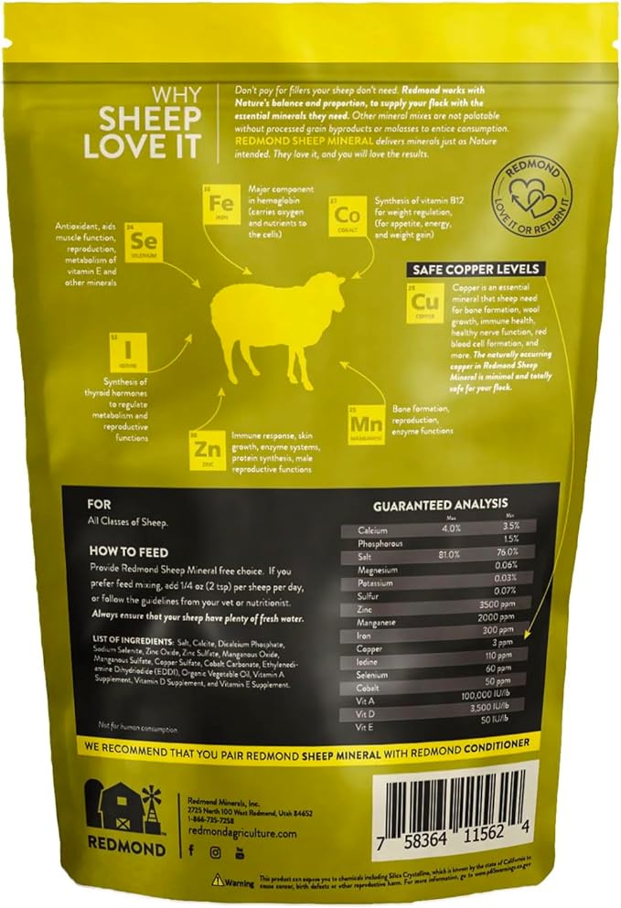 Redmond All Natural Sheep Mineral Supplement - Essential Trace Minerals for Overall Health and Growth Support - 5 lbs