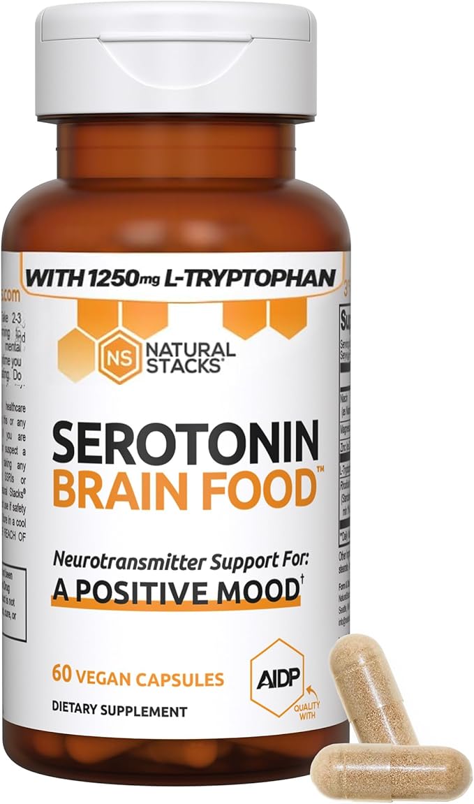 Serotonin Brain Food - 1250mg L-Tryptophan & 400mg Rhodiola Rosea Supplement - Mood Support Supplement for Stress Relief - Neurotransmitter Support with Magnesium Glycinate & Zinc - 60 Capsules