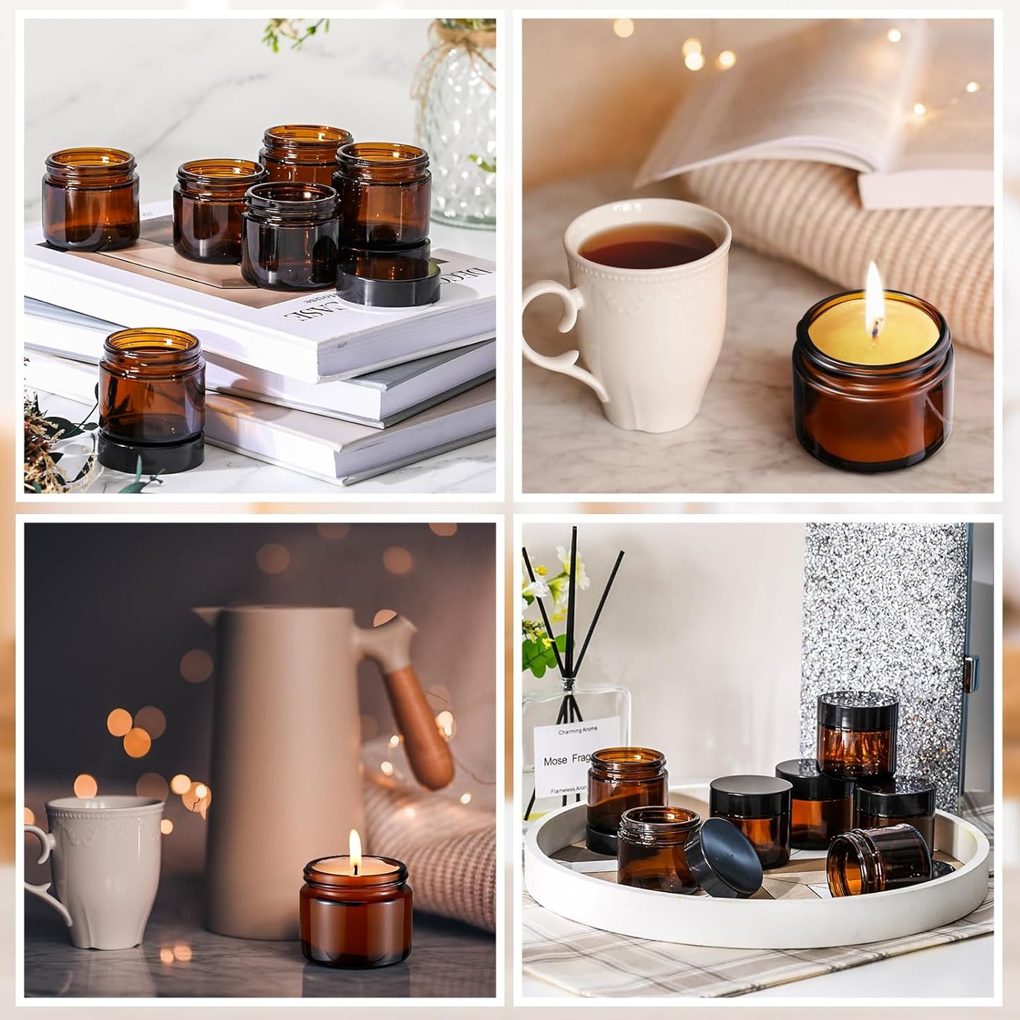 Domensi 72 Pcs 2 oz Glass Jars with Lids Travel Size Round Leakproof Empty Cosmetic Jars with Inner Liners Lid for Storing Makeup Lotions Face Cream Ointments Candle DIY Making (Amber)