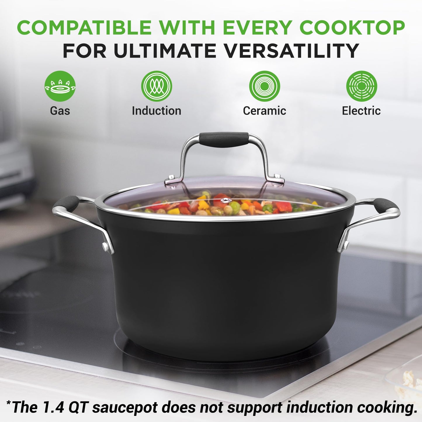 NutriChef 14-Piece Non-Stick Pots & Pans Set - Multi-Sized Cooking Pots with Lids, Small and Medium Frying Pans with Slotted Spatula, Pasta Server, Soup Ladle, Silicone Handles (Copper Color)