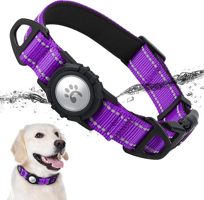 TagME Airtag Dog Collar,Waterproof Reflective Pet Collar with Airtag Holder,Soft Padded and Double D-Rings for Extra Large Dogs,Purple
