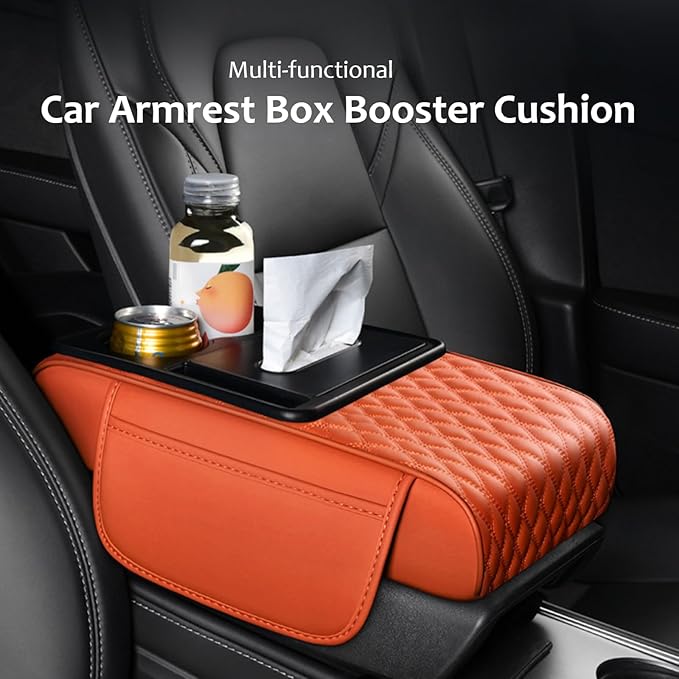 5-in-1 Car Armrest Pad Cushion, Water Ripple Embossed Center Console Booster Pad with Tissue Box, Cup Holder, Storage Bag, Phone Slot, Fit for Most Sedan Vehicles (Water Ripple Series, Burgundy)