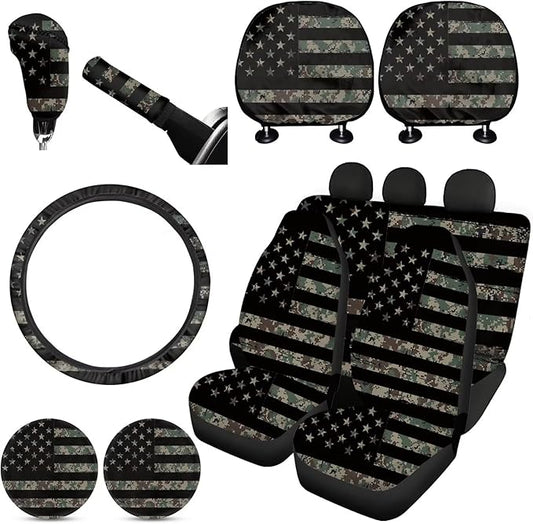 FKELYI Army Green Camo Hunting American Flag Car Seat Covers - Full Set for Front & Rear Seats, Headrest, Cup Holders, Gear Shift, Handbrake, Steering Wheel
