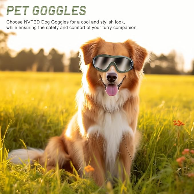 NVTED Dog Sunglasses Goggles, UV Wind Dust Fog Protection Pet Glasses Eye Wear Protection with Adjustable Strap for Medium or Large Dog (Green)