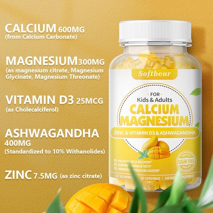 softbear Calcium Magnesium Zinc Gummies for Women, Calcium Magnesium Supplement High Absorption Calcium Gummies with Vitamin D3 for Bone Strength Vegan Mango Flavor 120 Gummies