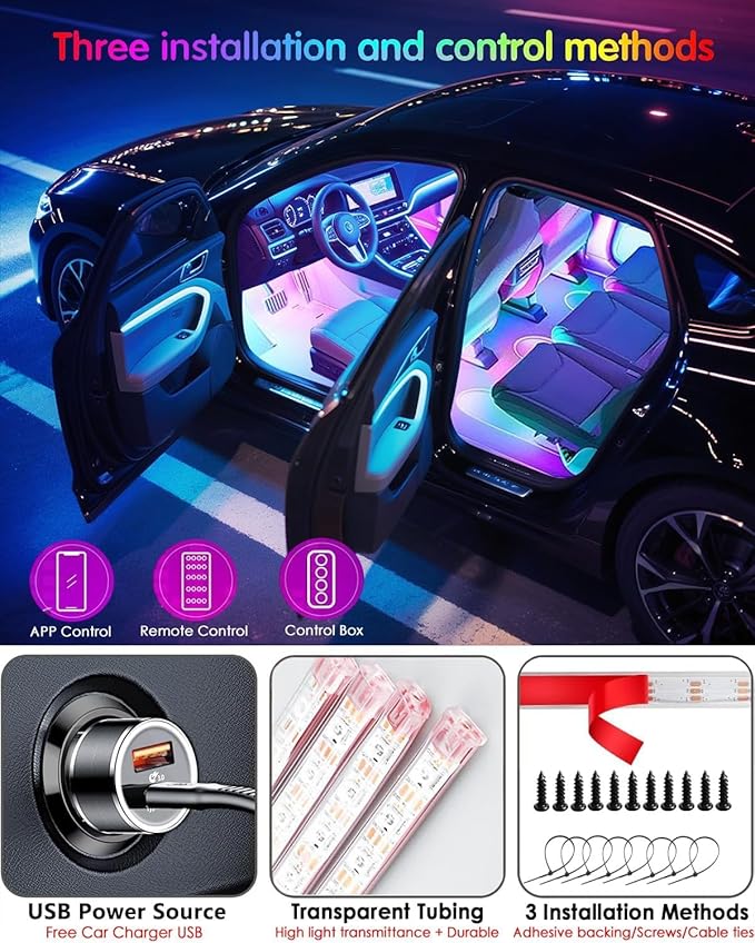Car LED Lights, 72 LED Smart Car Interior Lights RGB with App Remote Control,Multicolor Footwell Under Dash Inside Light Kits Music Sync Mode, for Vehicle Internal, SUV, Trucks, 12V