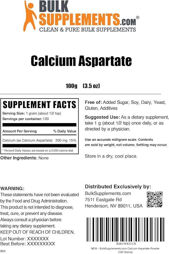 BulkSupplements.com Calcium Aspartate Powder - Calcium Supplement Powder, Essential Nutrient - Gluten Free, 1g per Serving, 100g (3.5 oz) (Pack of 1)