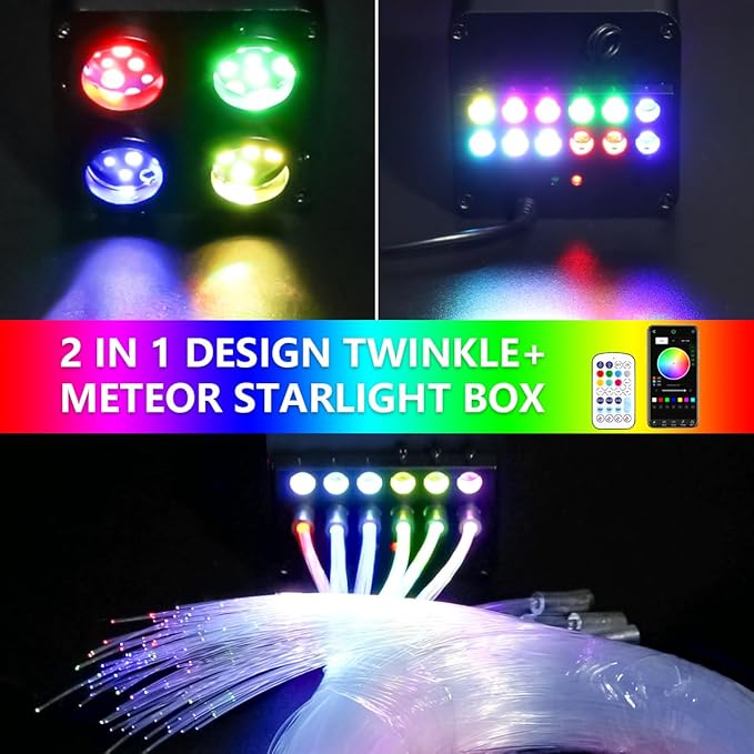 AMKI Updated 4Color Meteor Twinkle 36w Starlight Headliner Kits 1200pcs 0.03in 13.1ft, 240pcs RGB Meteor Shooting Star Cable, 2 in 1 Fiber Optic Light Box RGBW Sound Activated Mode for Car& Home Decor