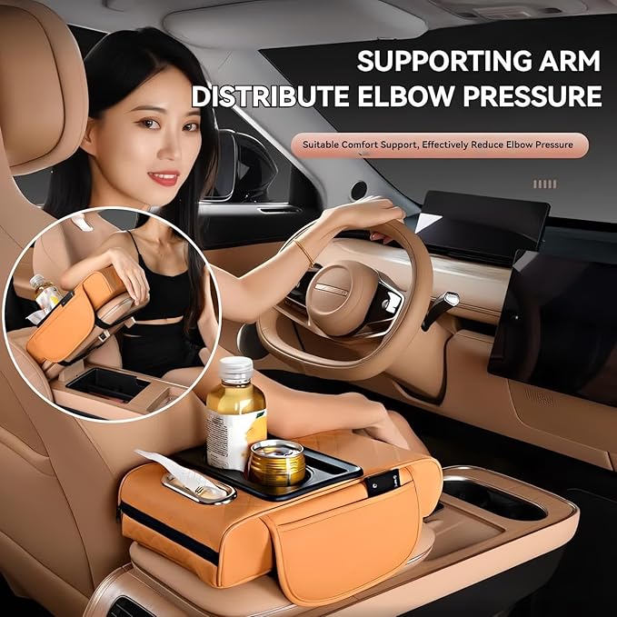 Multifunctional PU Leather Car Armrest Box Mat, 5-in-1 Multifunctional Car Armrest Cushion, Center Console Cover with 2 Cup Holder, For Storing Tissues, Phones, Wallets, Drinks, for Most Cars (Gray)