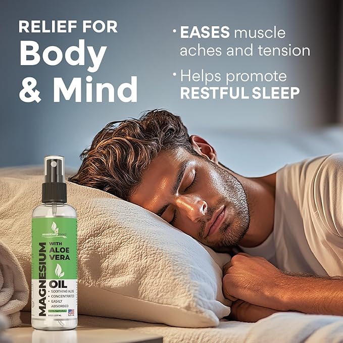 Pure Magnesium Oil Spray with Aloe Vera 8oz - Topical Magnesium Spray - Less Itchy - 100% Organic Oil - Made in USA