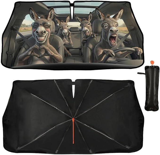 Funny Donkey Print Car Sunshade Umbrella Funny Donkey Windshield Sun Shade for Car Retractable Umbrella Sunshades for Front Window Sun Shades Cover Visor Portector Block UV Rays