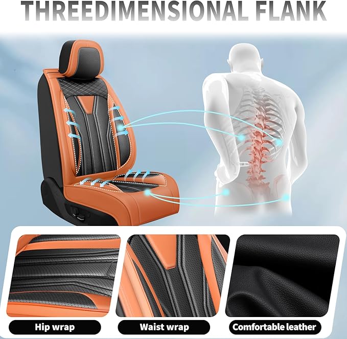 Fit Kona Car Seat Covers for Select Hyundai Kona 2018-2025 2026. Premium Leather, Waterproof， Breathable, Scratch-Resistant & All-Weather Seat Cushion Protector (Front Pair, Orange&Black)
