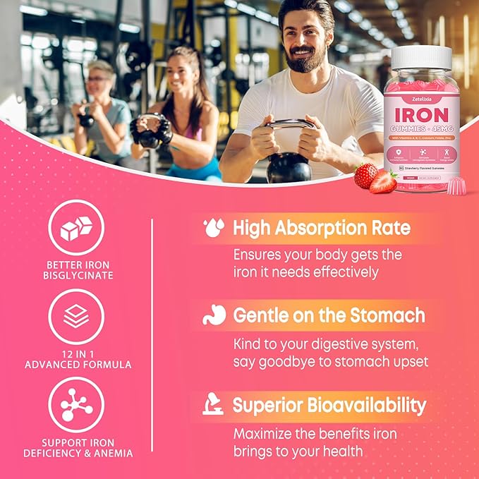 Vegan Iron Supplement Gummies for Women & Men, Anemia, Blood Builder & Energy Support for Iron Deficiency, with Vitamin C, A, B Complex, Folate, CoQ10, Sugar Free, Non-GMO, 60 Count