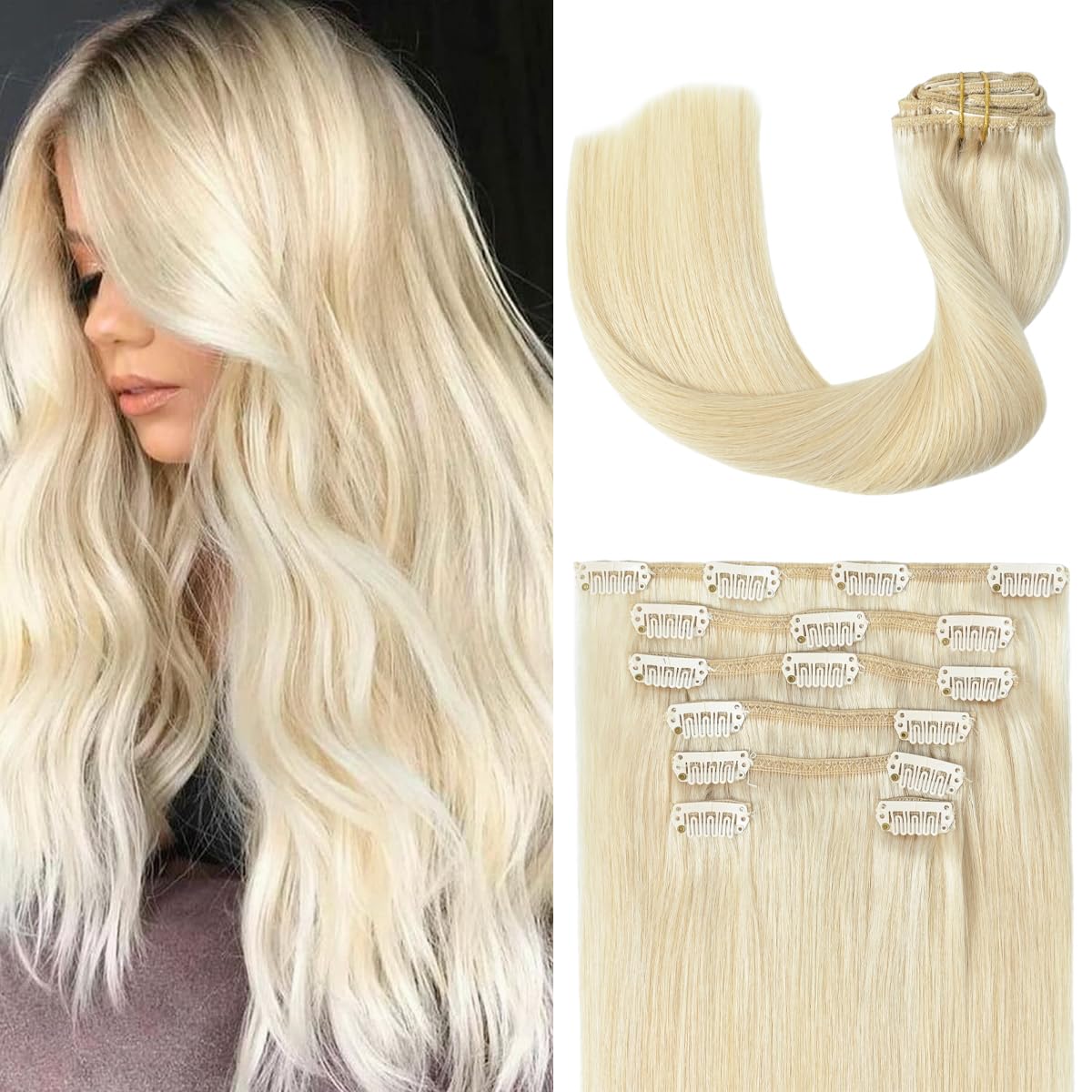 Ugotrays Clip In Hair Extensions Real Human Hair Blonde - 15 Inch 70G 7Pcs Platinum Blonde 100% Remy Human Hair Clip In Extensio