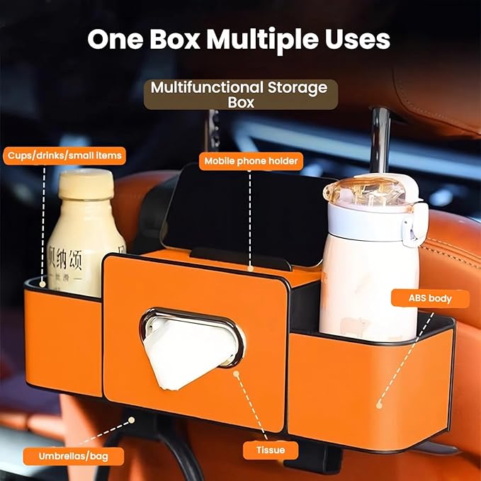 3-in-1 Car Backseat Organizer, 2025 New Multifunctional Car Seat Back Storage Box, Multifunctional Car Back Seat Storage Organizer-Carstorage Bag with 2 Cup Holders, Tissue Box, Hooks (Orange)