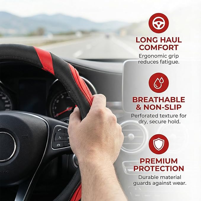 Car Steering Wheel Cover, Breathable Soft Leather Vehicle Wheel Cover Protector for Men Women, Non-Slip Automotive Interior Protection Accessories, Universal for Most Vehicles (Black/Red)