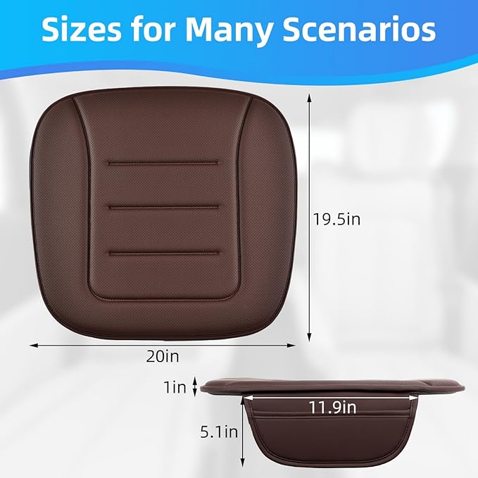 KAYI Car Seat Cushion, Comfort Memory Foam Car Cushions for Driving, Breathable Leather Surface with Anti Slip Rubber Bottom, Seat Cushion for Car and Office Chair (2 Pack, Brown)