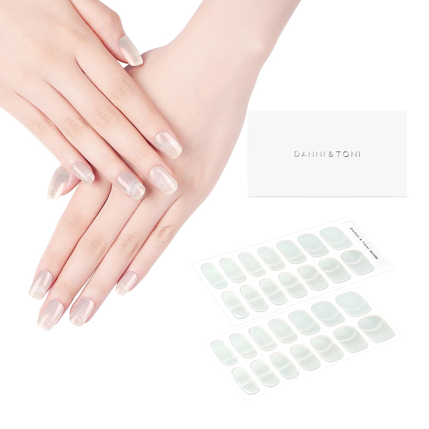 Danni & Toni Semi Cured Gel Nail Strips Transparent (Crystal Aurora) Cat Eye Gel Nail Stickers French Nail Polish Wraps 28 Stick