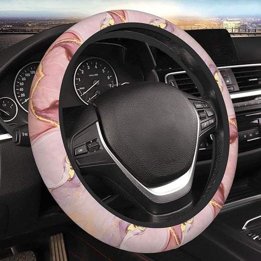 Gold Pink Marble Steering Wheel Cover Women Men Elastic Stretch Soft Car Wheel Protector Universal Breathable No-Slip Car Accessories for Truck Van SUV Auto Fit 14-15 Inches