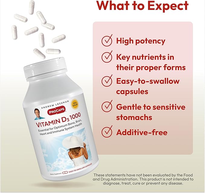 ANDREW LESSMAN Vitamin D3 1000 IU 360 Capsules - High Potency, Essential for Calcium Absorption, Supports Bone Health, Healthy Muscle Function, Immune System, More. Small Easy to Swallow Capsules
