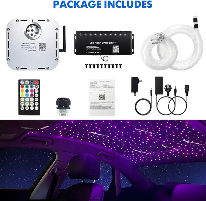 AMKI 32W Twinkle Mixed 800pcs 16.4ft Fiber Optic Starlight Headliner Kit with Shooting Star, Pure White Meteor Kits RGBW Sound Activated APP Remote Control for Car Home Roof Ceiling Decoration