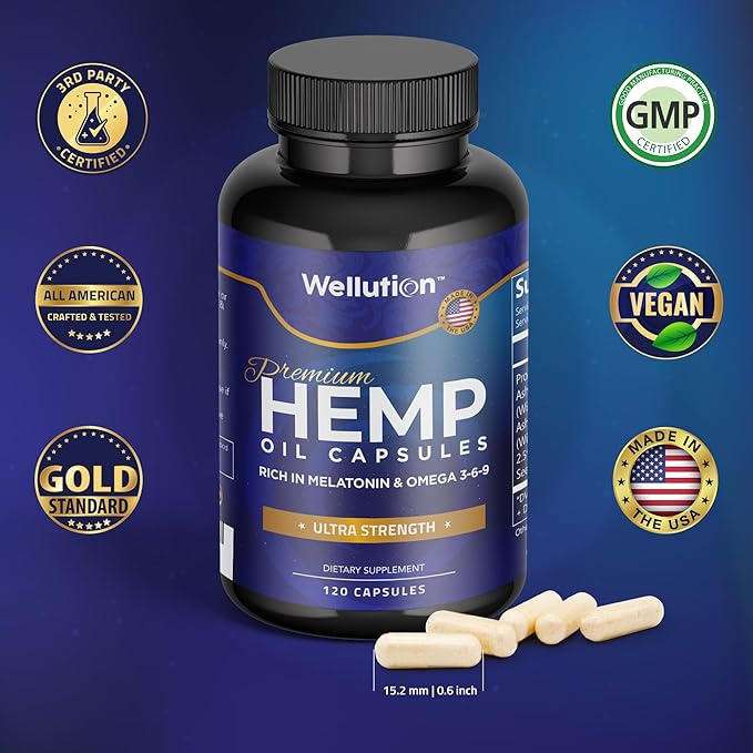 WELLUTION Hemp Oil Capsules - 120 Count - Stress & Sleep Support with Ashwagandha & Melatonin - Made in USA