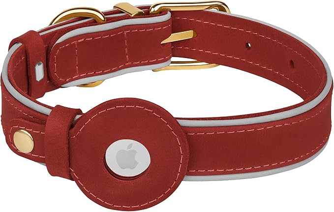 OOPSDOGGY Reflective Geniune Leather Airtag Dog Collar Soft Padded Collars for Small Medium Large Breed Dogs Puppy, 4 Sizes, 7 Colors (Red, Small, 9"-12")