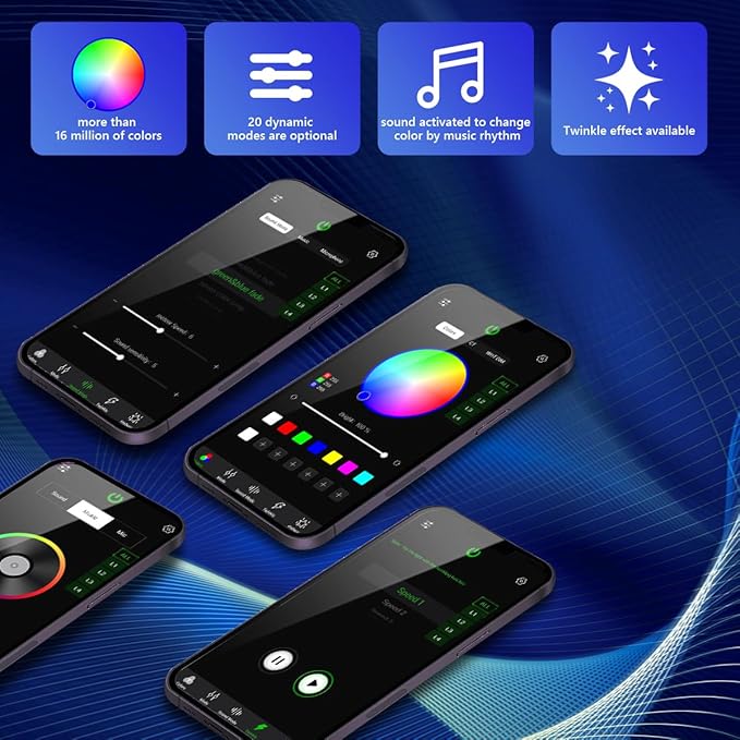 AMKI Updated 4Color Twinkle 36w Starlight Headliner Kits 900pcs 0.03in 9.8ft Fiber Optic Light Cable 4 Ports Starlight Box App/Remote Control Sound Mode for Car Home Ceiling Decoration