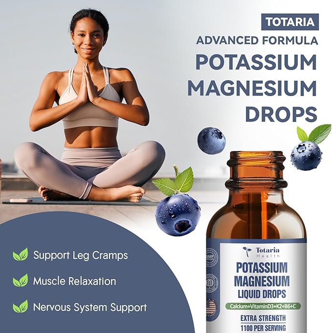Potassium Magnesium Supplement Liquid Drops - Vitamin K 2 Potassium Supplement Complex Magnesium Glycinate Liquid Citrate Oil High Absorption Potasio Support Bone, Muscle, Leg Cramps, Blueberry