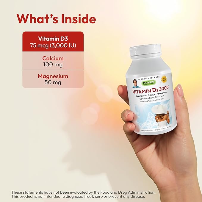 ANDREW LESSMAN Vitamin D3 3000 IU 360 Capsules - High Potency, Essential for Calcium Absorption, Supports Bone Health, Healthy Muscle Function, Immune System, More. Small Easy to Swallow Capsules