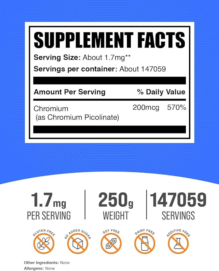 BulkSupplements.com Chromium Picolinate 200mcg Powder - Mineral Supplements - Gluten & Yeast Free, 200mcg of Chromium per Serving, 250g (8.8 oz) (Pack of 1)