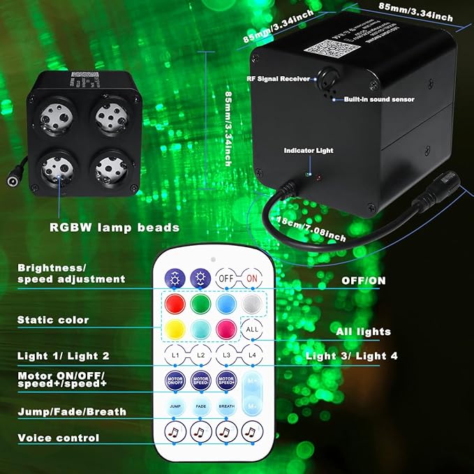 AMKI Updated 4Color Twinkle 36w Starlight Headliner Kits 1200pcs 0.03in 13.1ft Fiber Optic Light Cable 4 Ports Starlight Box App/Remote Control Sound Mode for Car Home Ceiling Decoration