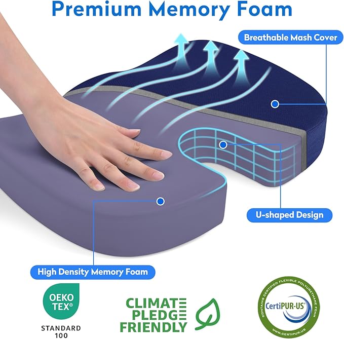 XXL Seat Cushion Office Car Seat Cushion, Memory Foam Cushion for Office Chair, Car Seat, Airplane, Bleacher Non-Slip Chair Pad, Butt Pillow for Desk, Wheelchair, Car (Blue)