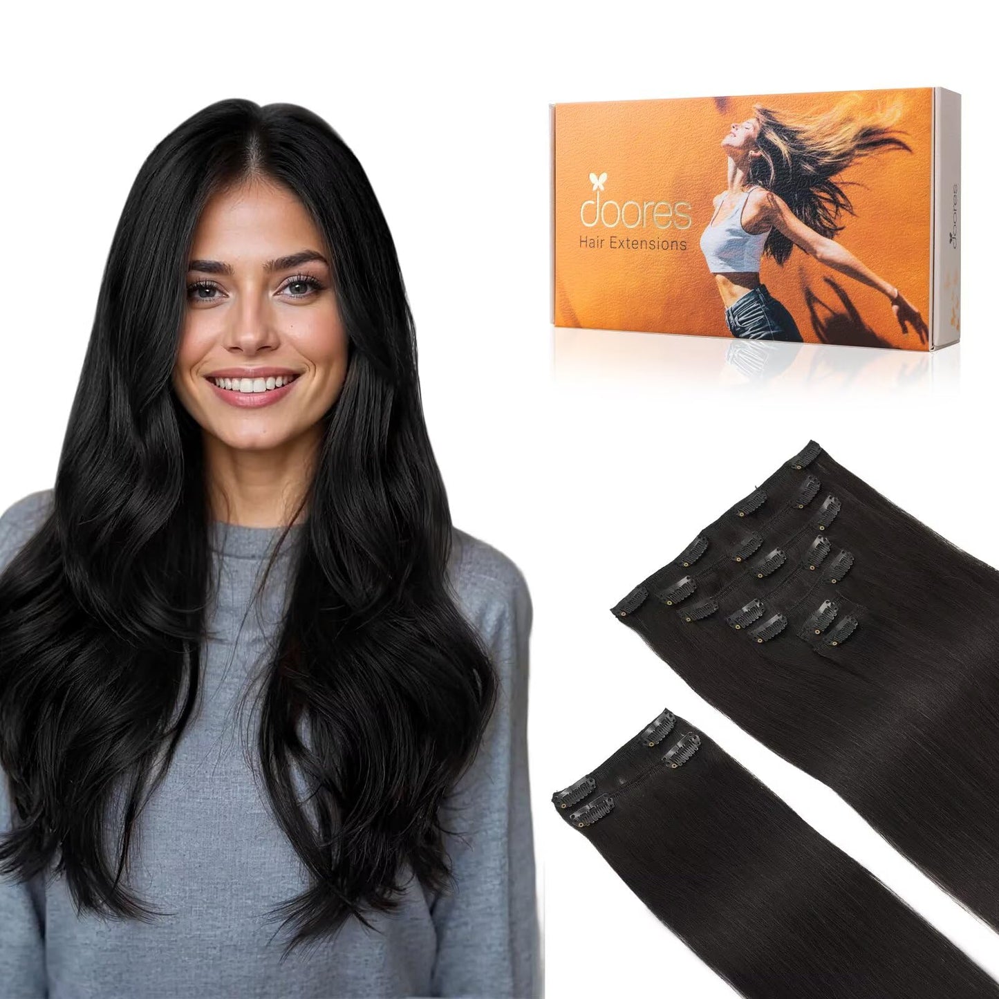 Doores Clip In Hair Extensions, Natural Black 150G 9Pcs 22 Inch, Long Remy Human Hair Extensions Thick Straight Weft For Girl