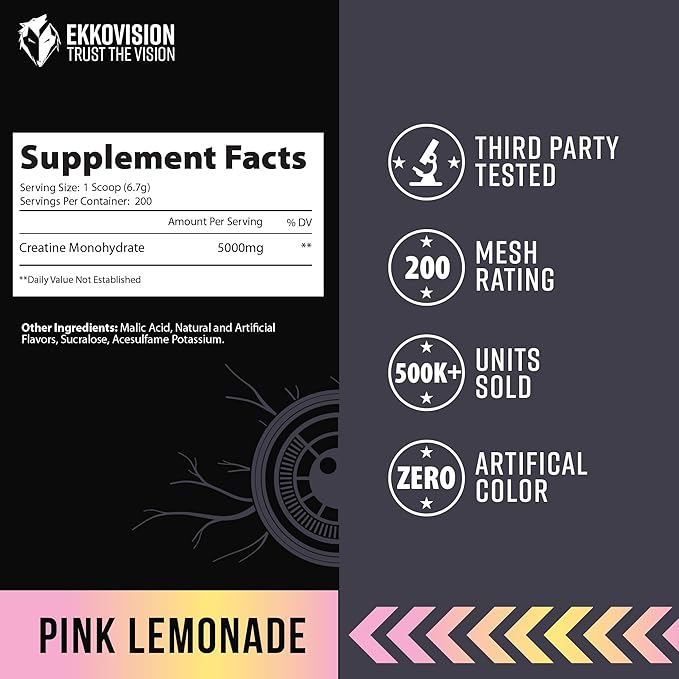 Creatine Monohydrate Powder, Micronized, Pink Lemonade, Pre Workout & Post Workout Supplement for Men and Women, Energy Support, Easy to Mix in Shakes, Smoothies & Beverages, 200 Servings