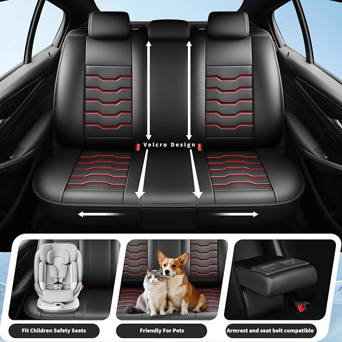 Fit Kona Car Seat Covers for Select Hyundai Kona 2018-2025 2026. Premium Leather, Waterproof， Breathable, Scratch-Resistant & All-Weather Seat Cushion Protector (Full Set, Red Line Black)